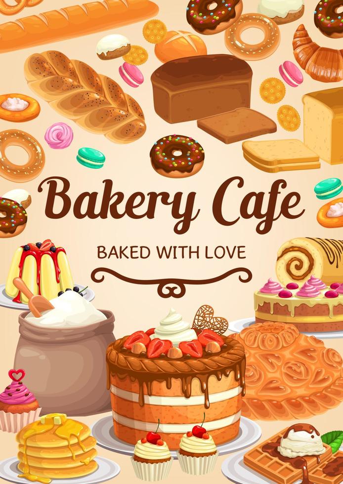 Bakery, bread or pastry desserts, vector poster