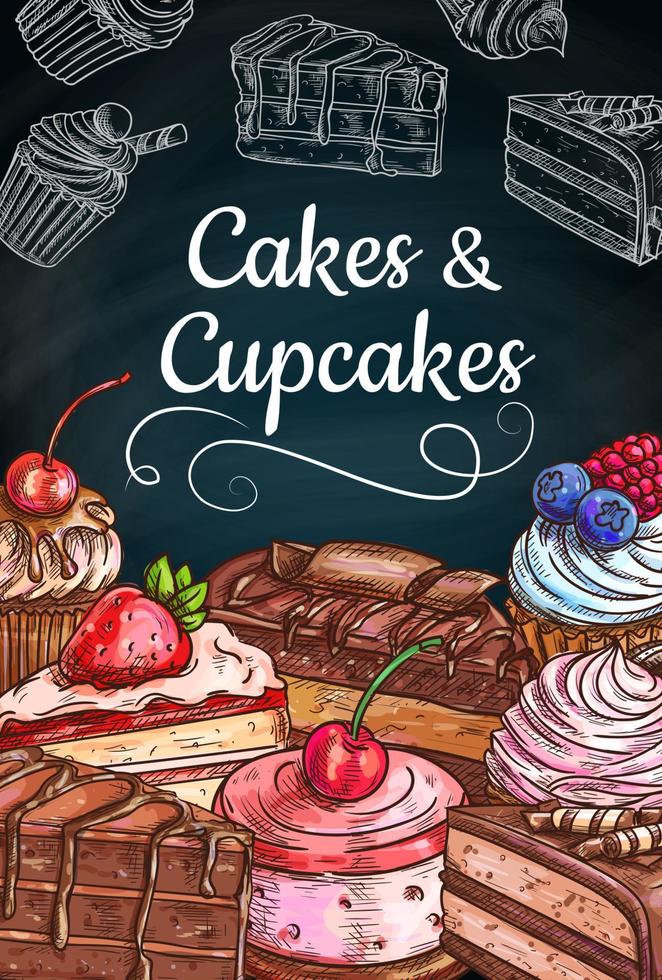 Chocolate cakes, cupcakes and muffins with cream vector