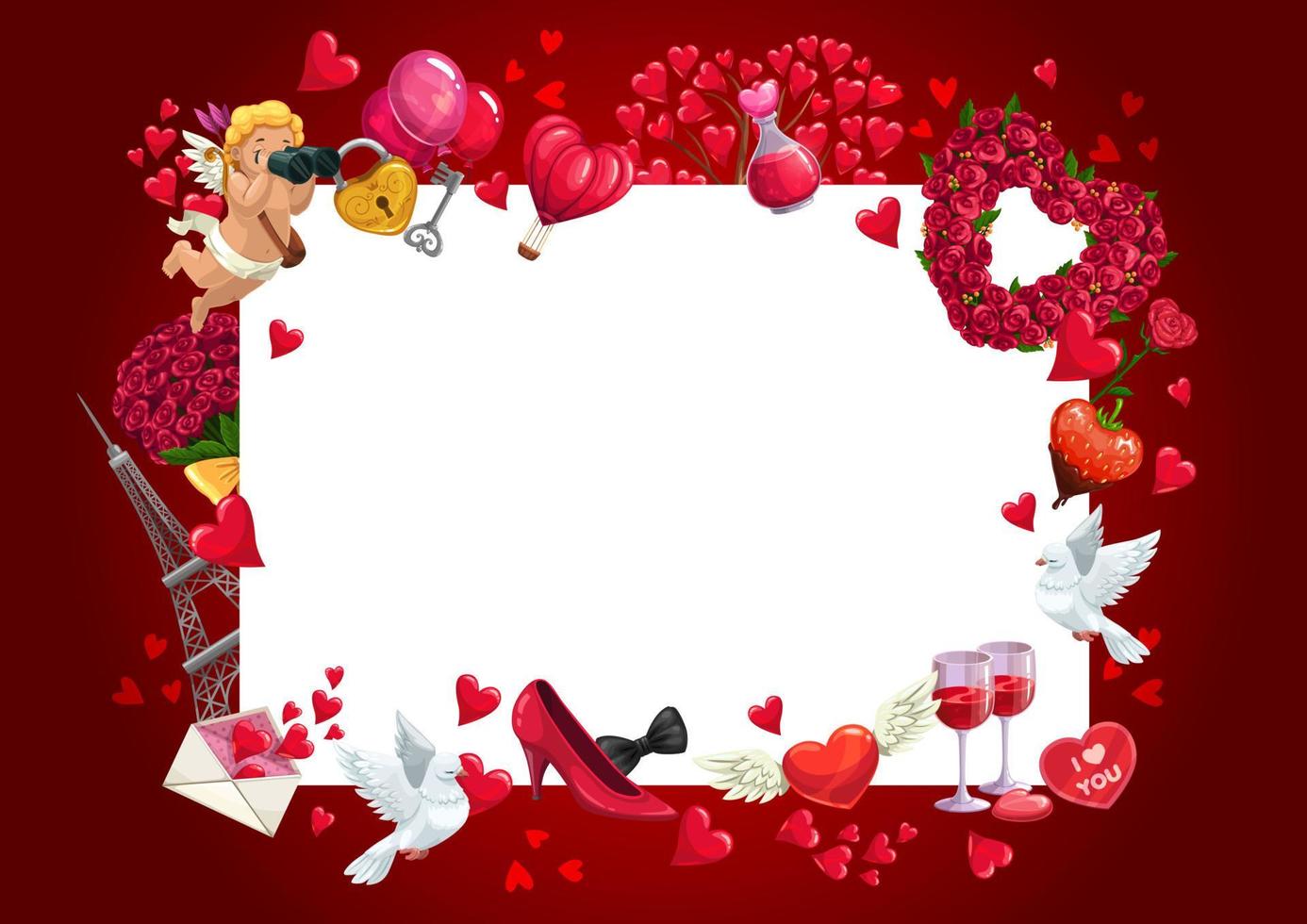 Valentines Day frame of Cupid, flowers and hearts vector