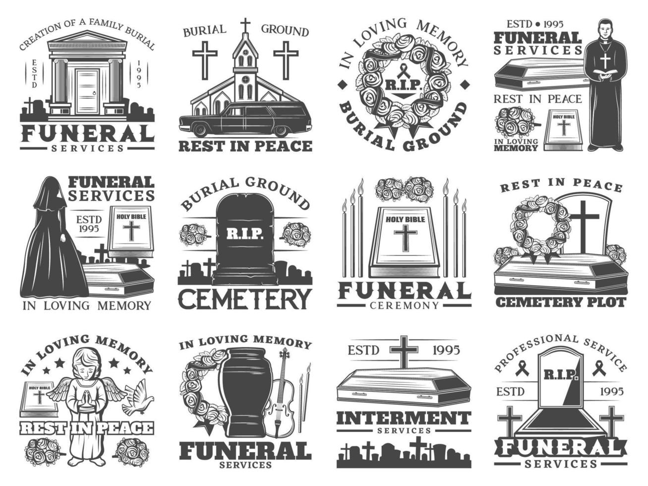 ataúdes, lápidas de cementerio, cruces y urna vector