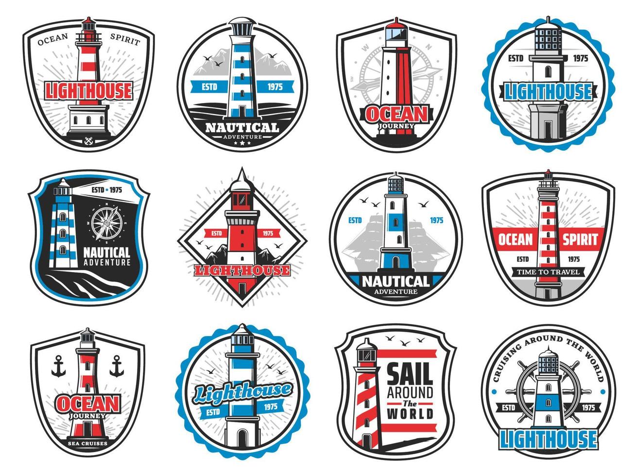 Nautical lighthouse, marine anchor and ship helm vector