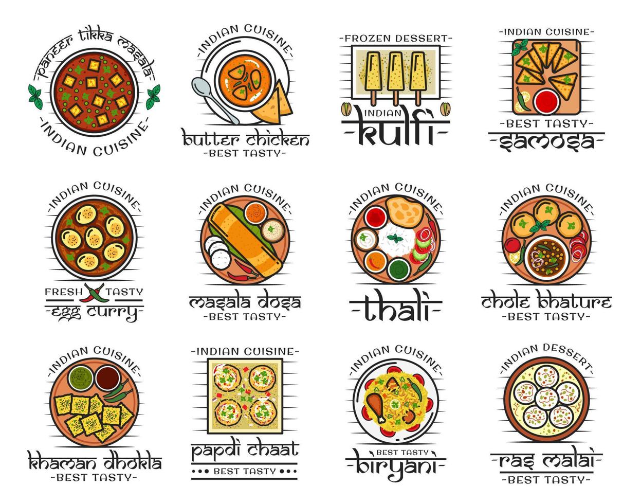 Indian food, India cafe restaurant dishes menu vector