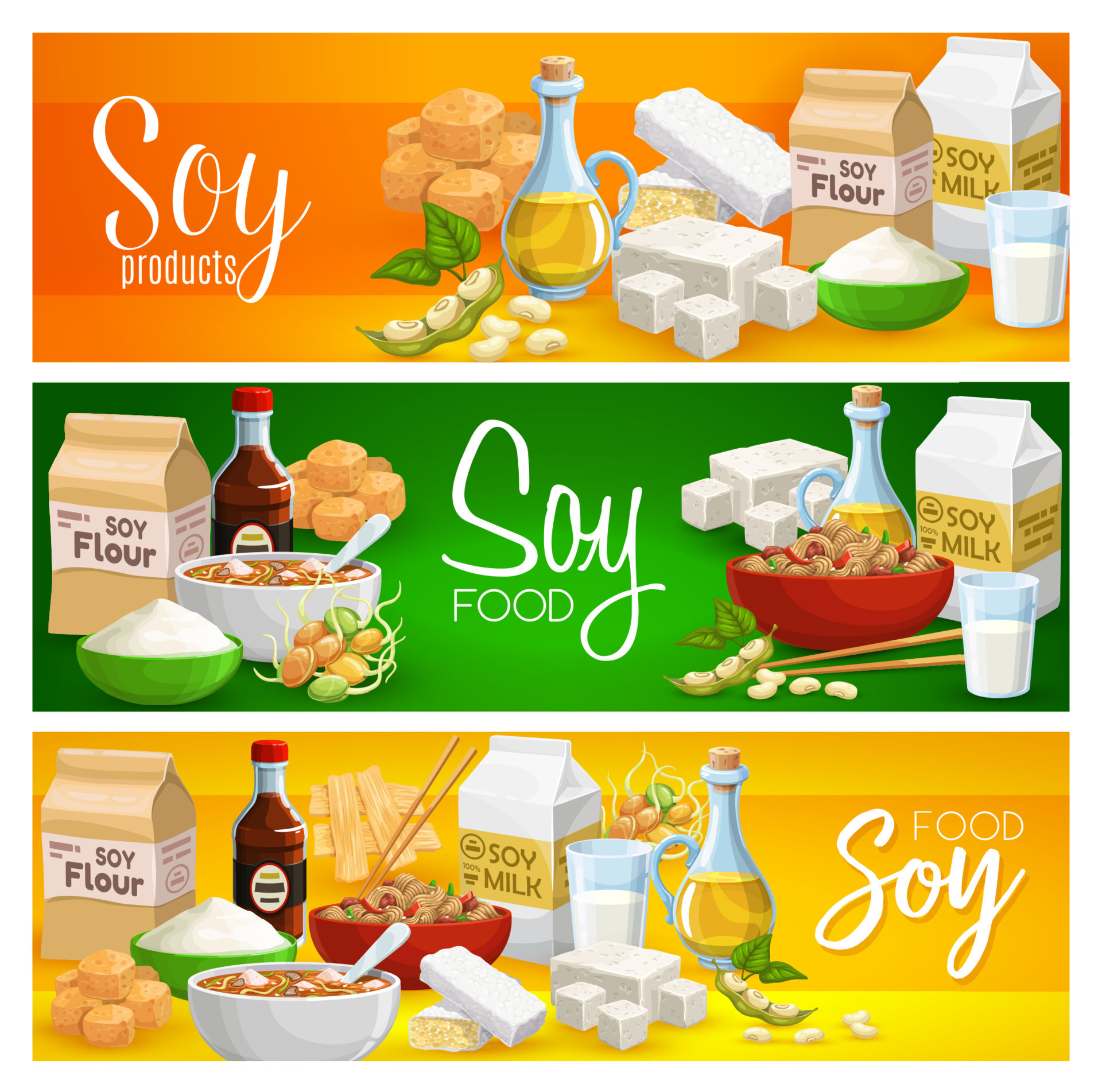 Soy food, milk, tofu cheese and soya meat products 16539270 Vector Art
