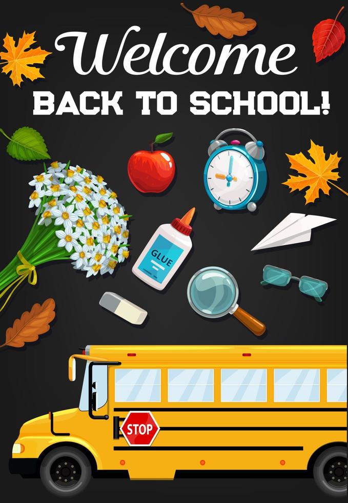 School bus and education supplies on blackboard vector