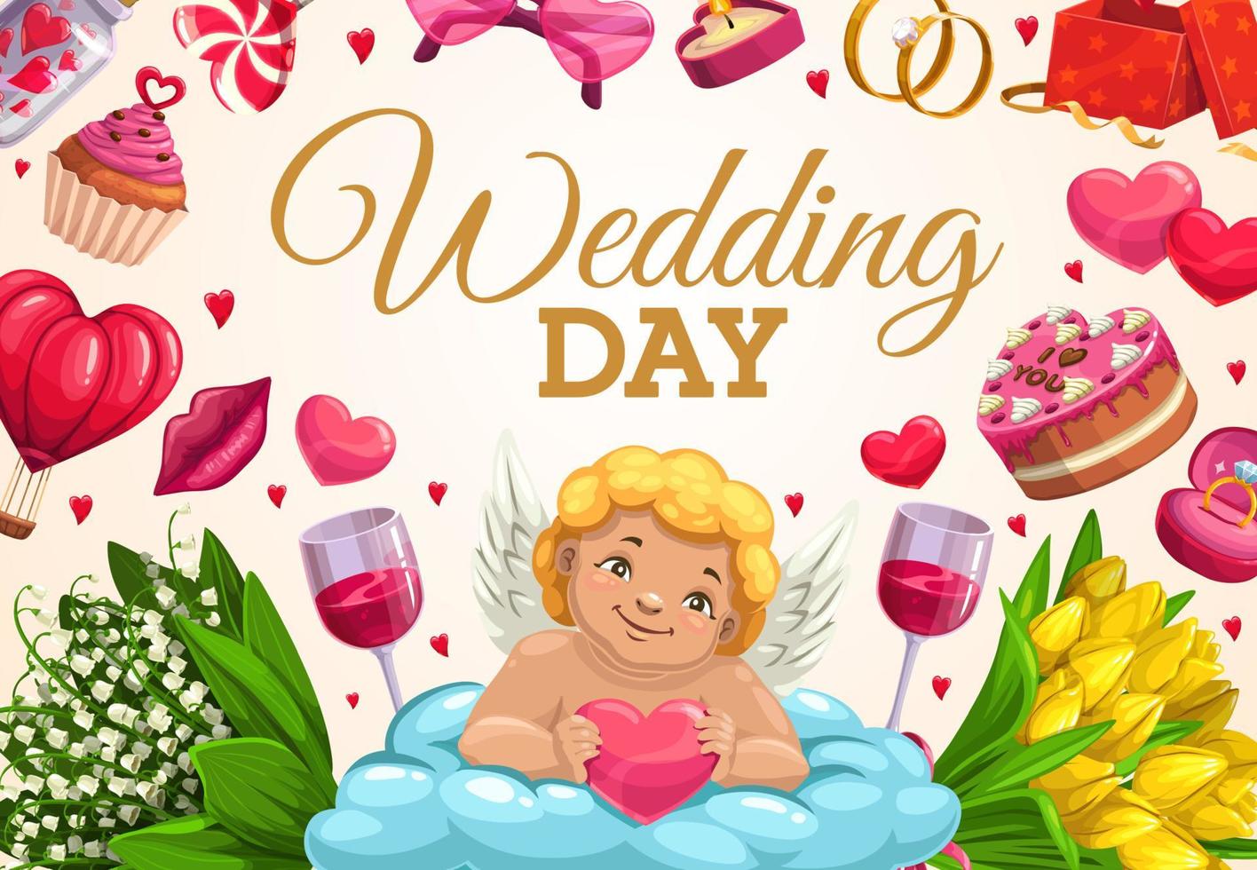 Cupid with love heart, wedding rings and gifts vector