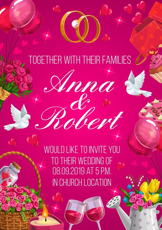 Bride and groom names, invitation on wedding party vector