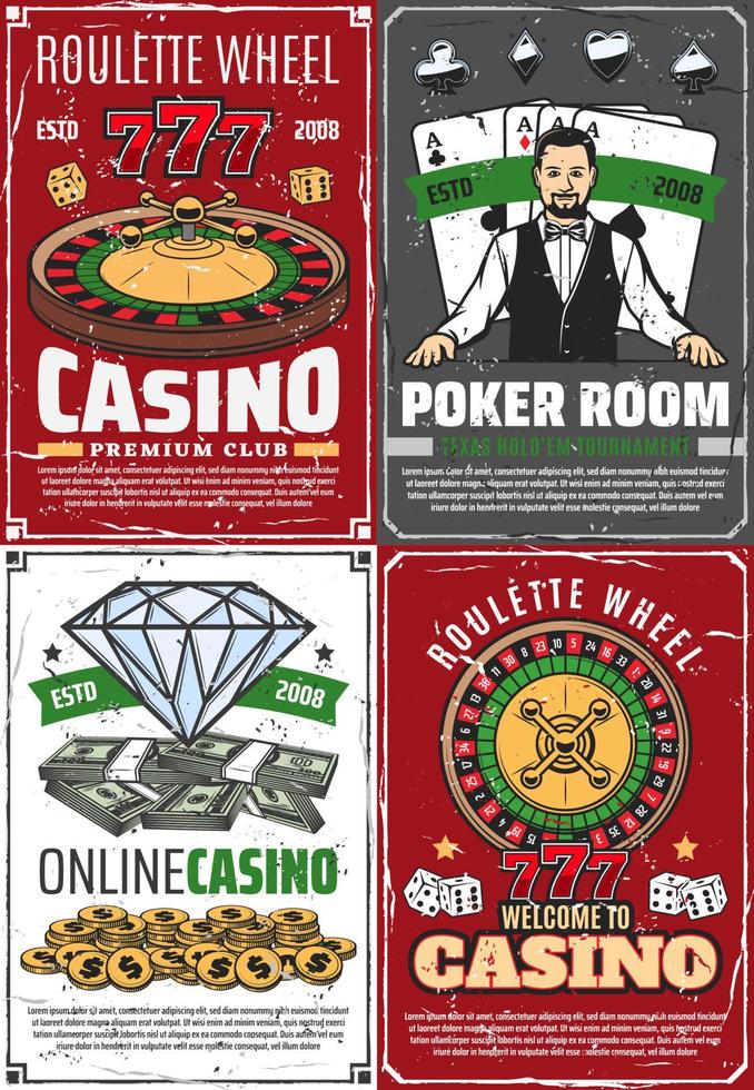 Casino fortune roulette and croupier retro posters vector