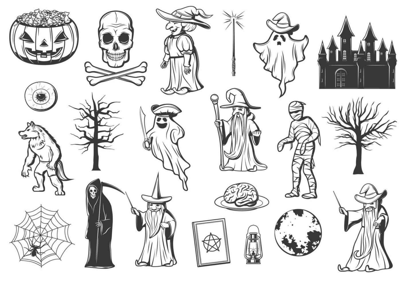 Halloween monster icons of ghost, witch, pumpkin vector