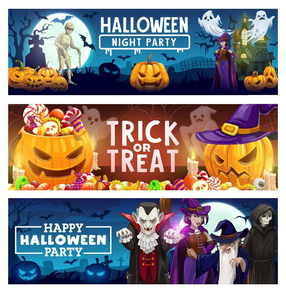 Halloween pumpkins, candies, ghost, bats and witch vector