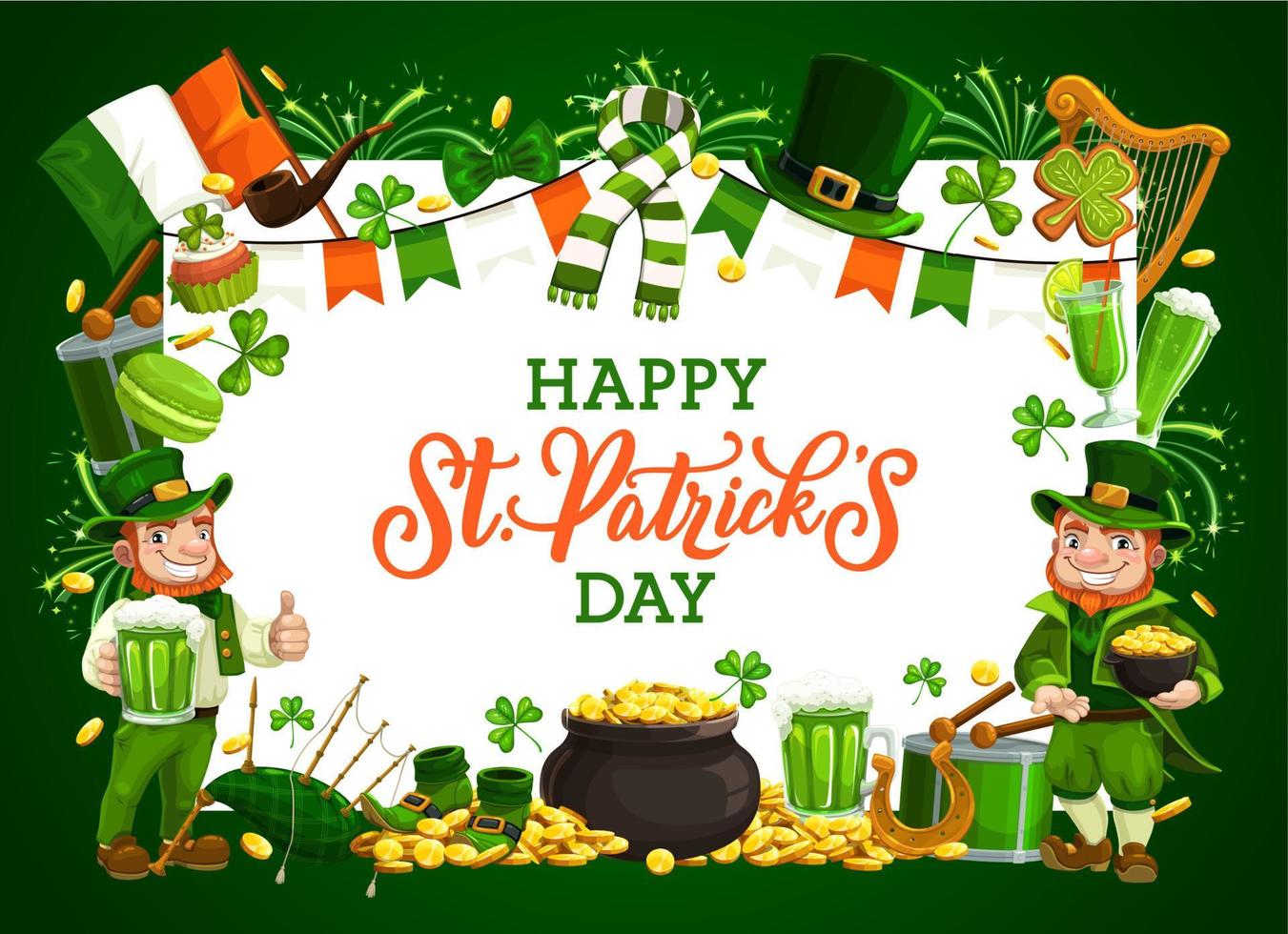 Leprechauns, St Patrick shamrock, gold, green beer vector