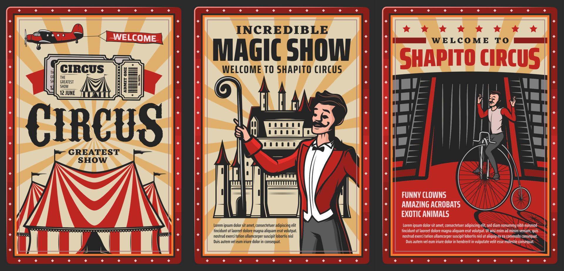 Circus or carnival top tent with magician, acrobat vector