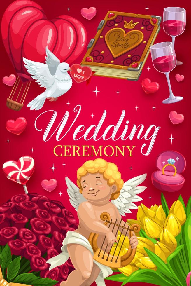 Invitation on wedding ceremony. Cupid and flowers vector