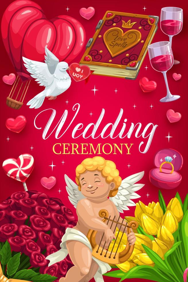 invitación a la ceremonia de boda. cupido y flores vector