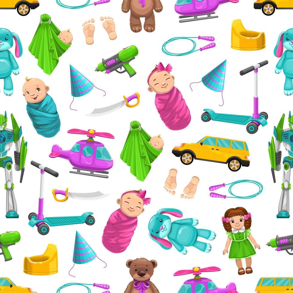 Seamless pattern, baby kid toys, dolls and robots vector