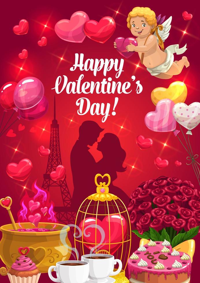 pareja con corazones y cupido, día de san valentín vector