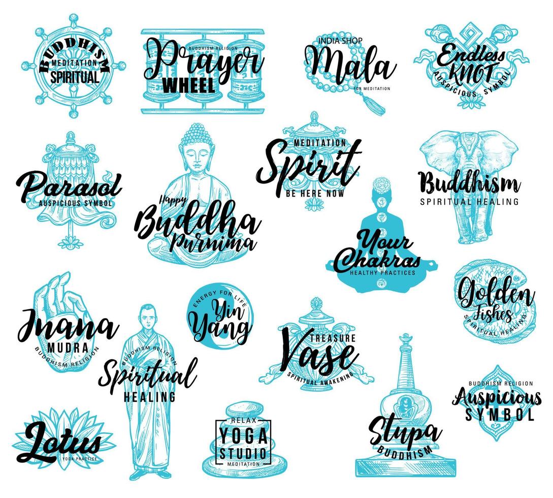 Buddhism religion icons, vector lettering