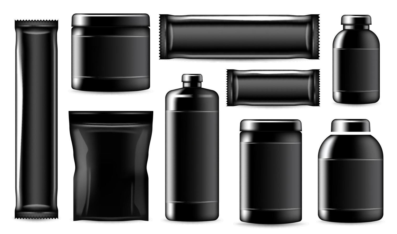 Realistic sport nutrition black containers package vector