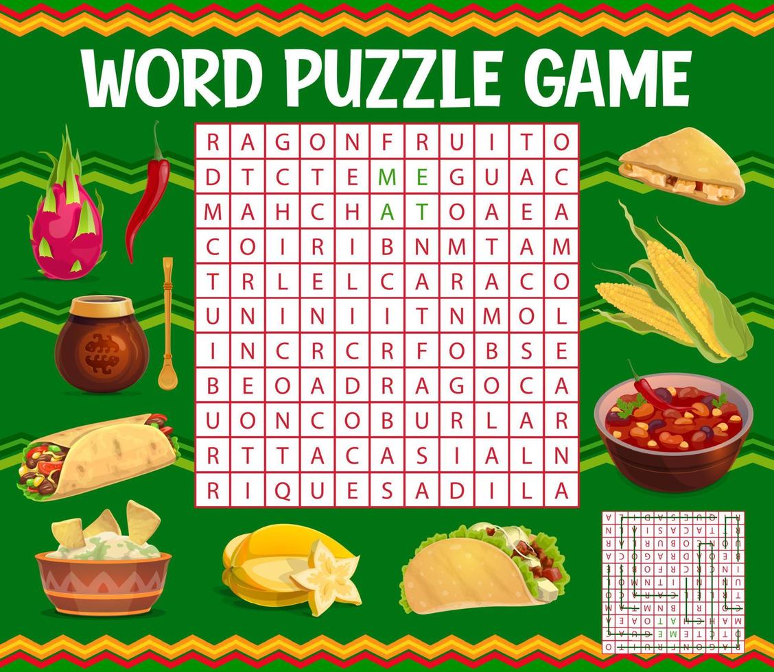 Mexican food word search puzzle game worksheet vector