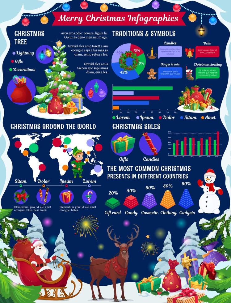 infografías navideñas con árbol de navidad, gráficos de regalos vector