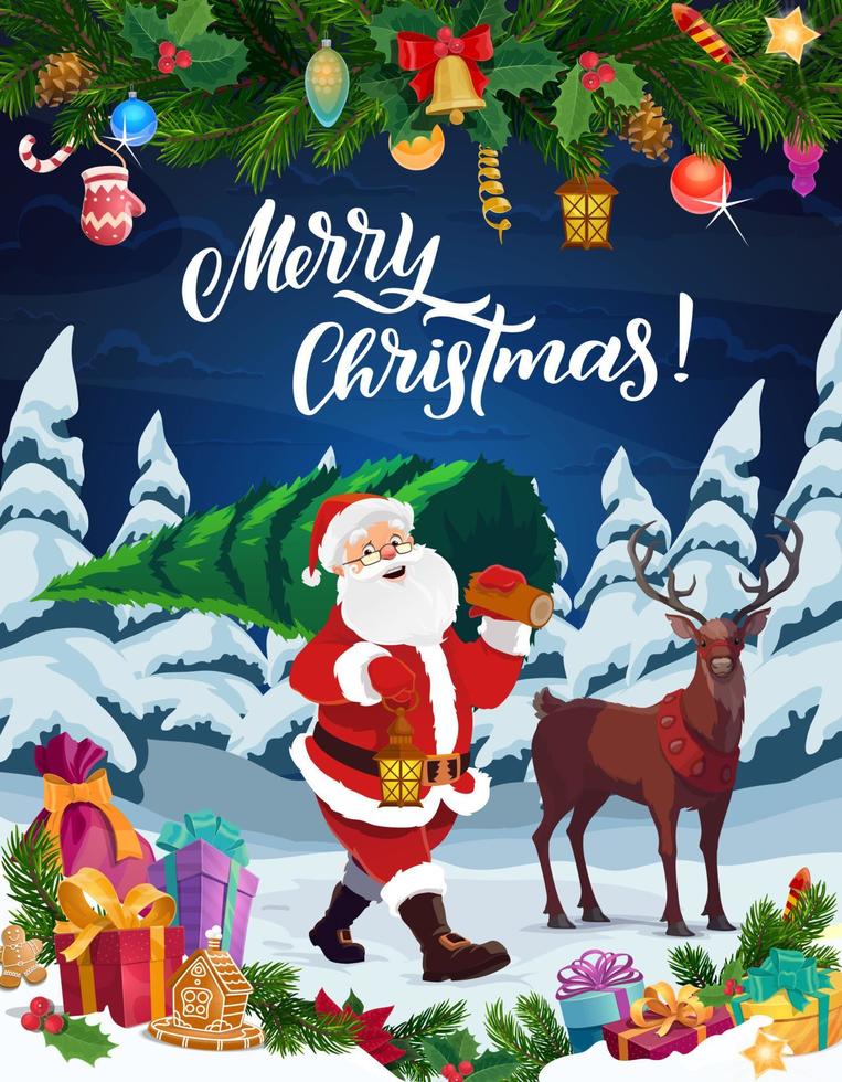 Santa with Christmas tree, reindeer and Xmas gifts vector