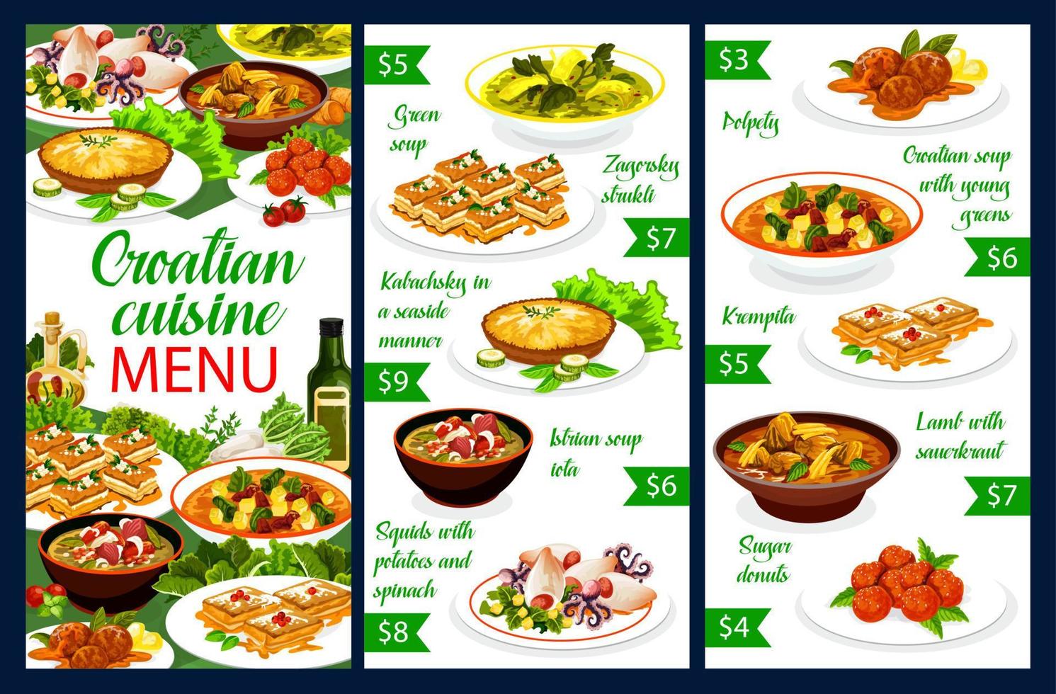 Croatian cuisine food, authentic restaurant menu vector