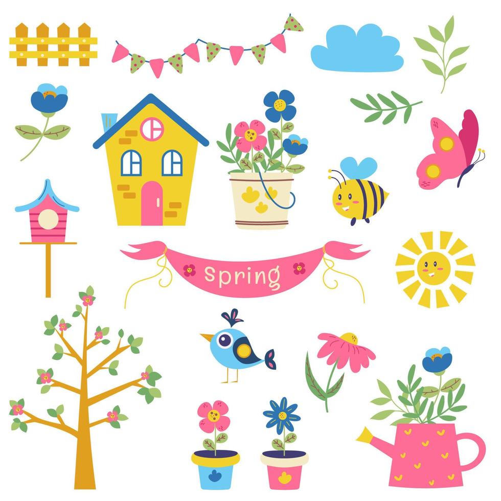 Collection of spring elements. Flowers, bee, butterfly, bird vector