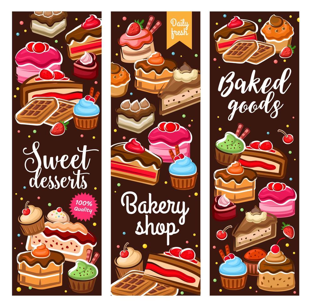 Sweet desserts, cakes and bakery pastry biscuits vector