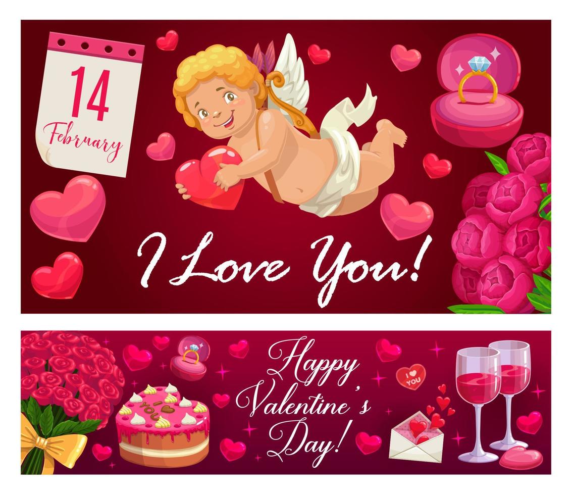 Cupids, love hearts, wedding ring. Valentines Day vector