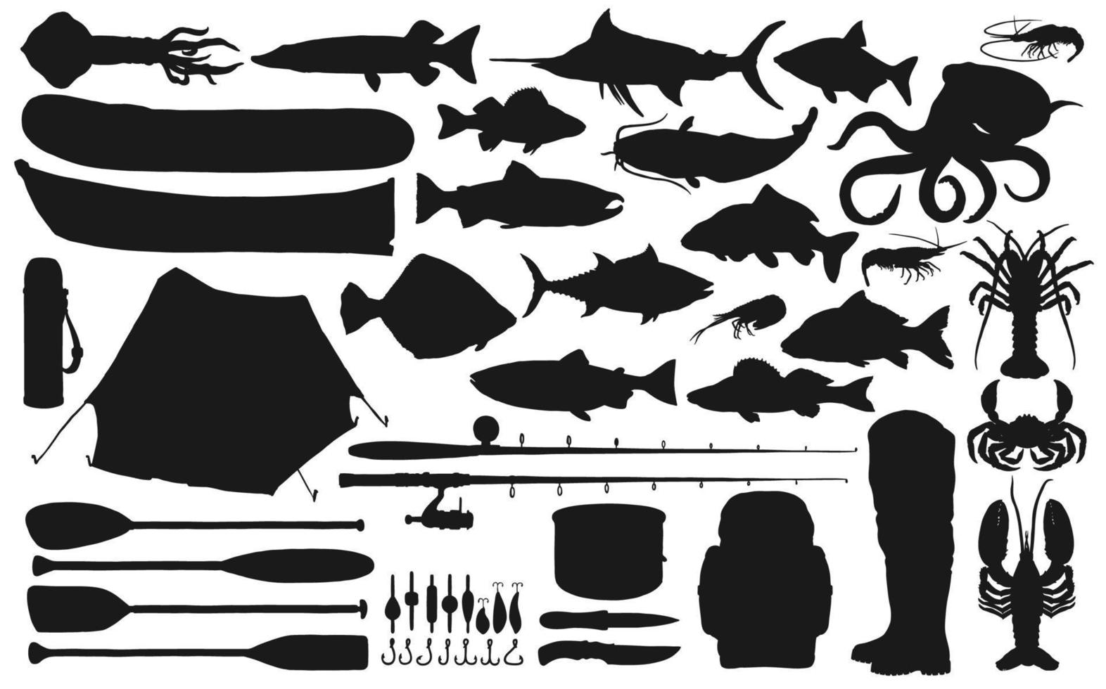 Fishing equipment and tackle with fish silhouettes vector