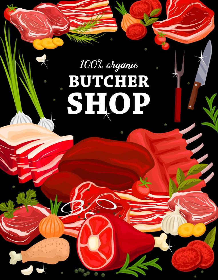 Butcher shop pork, beef and mutton meat poster vector