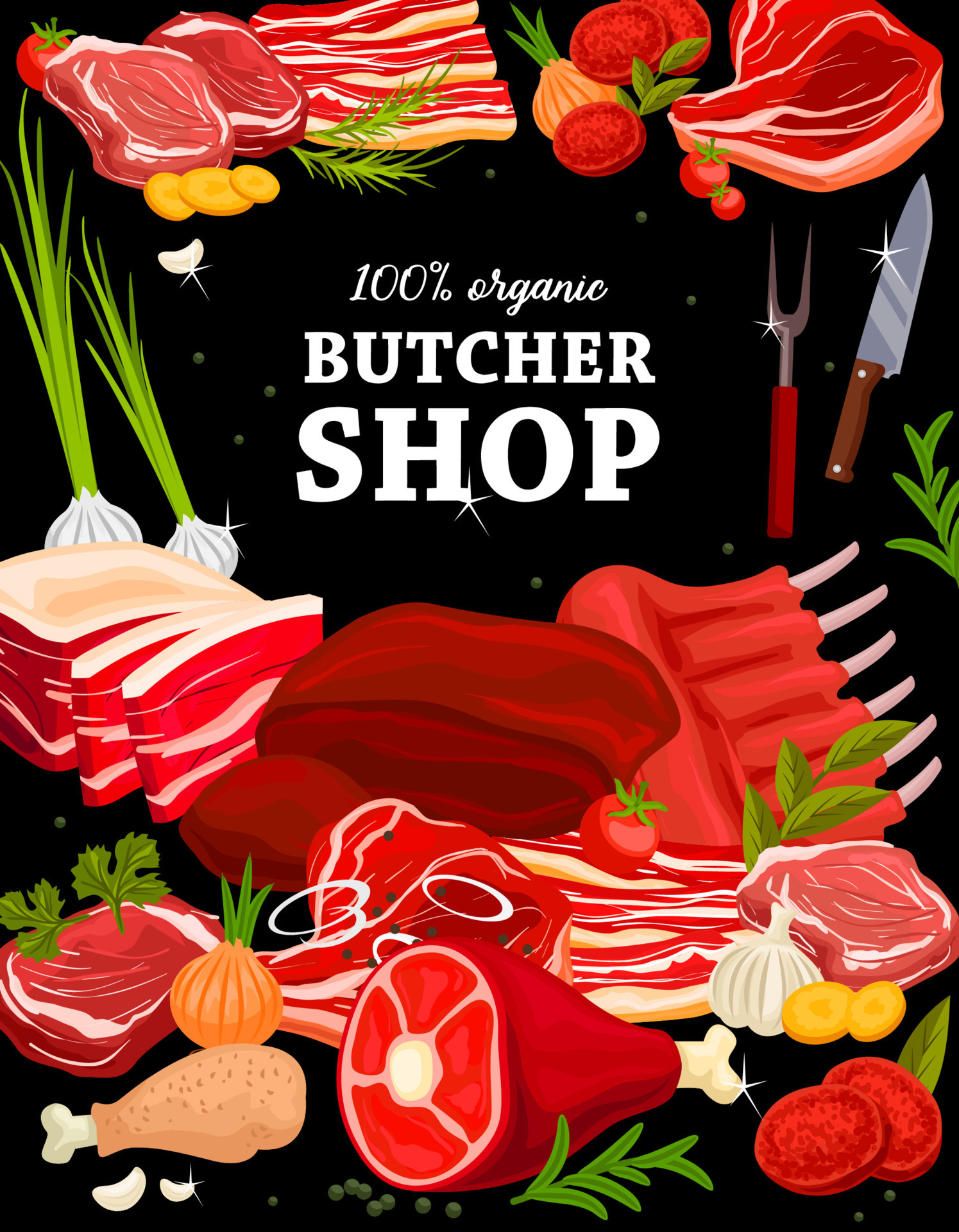 Butcher shop pork, beef and mutton meat poster 16539382 Vector Art at