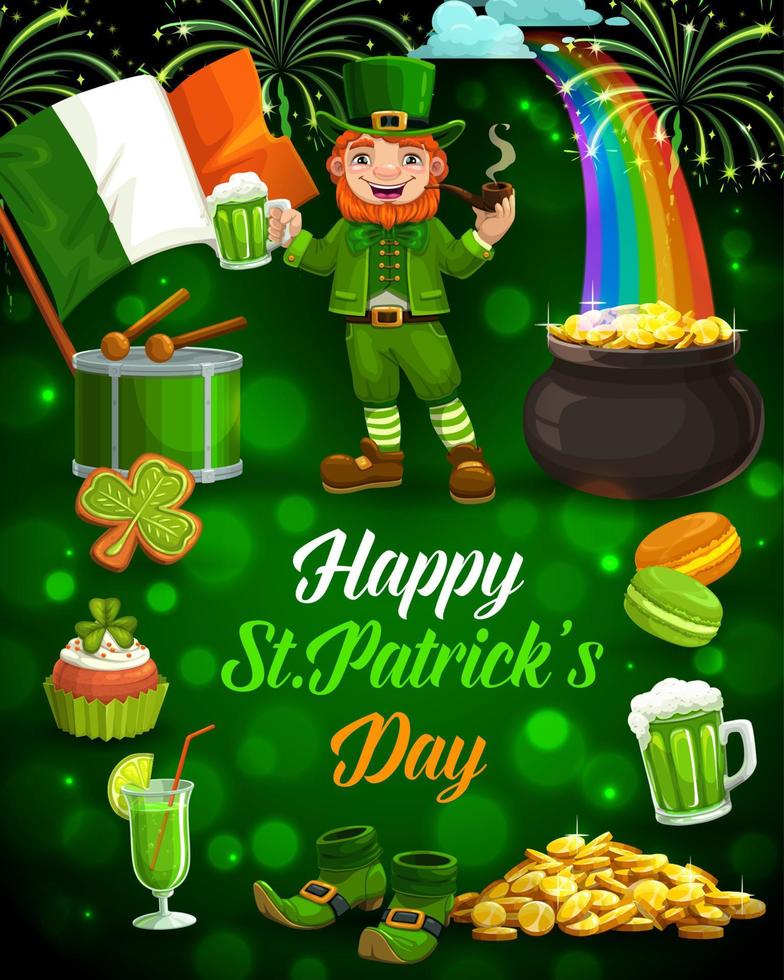 duende, cerveza, oro, bandera irlandesa. día de San Patricio vector