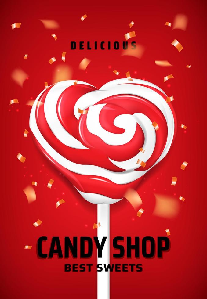 Heart lollipop candy on stick. Sweets shop vector