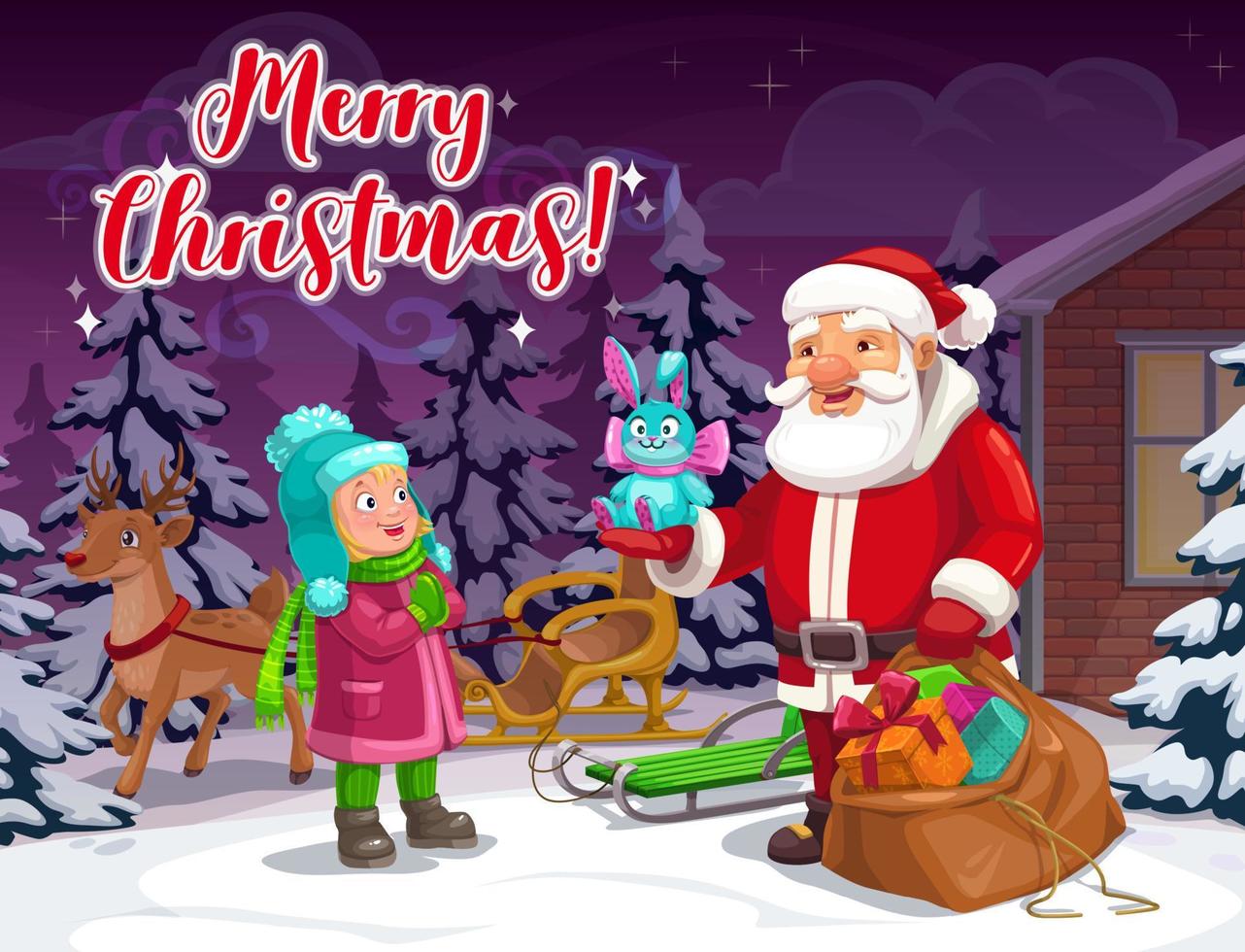 feliz navidad, santa y regalos de juguetes para niños vector