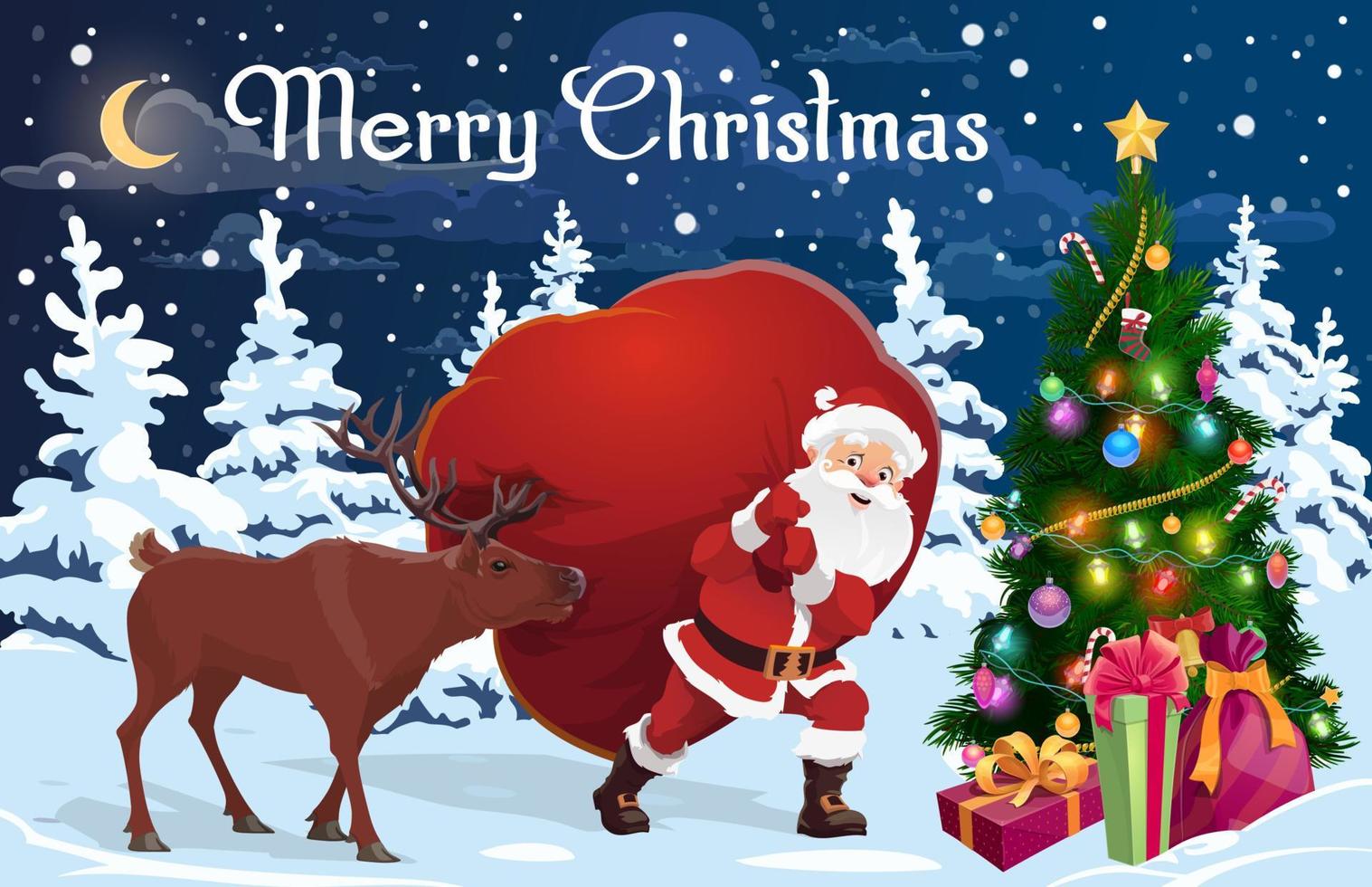 Santa and deer with bag of Christmas gifts vector