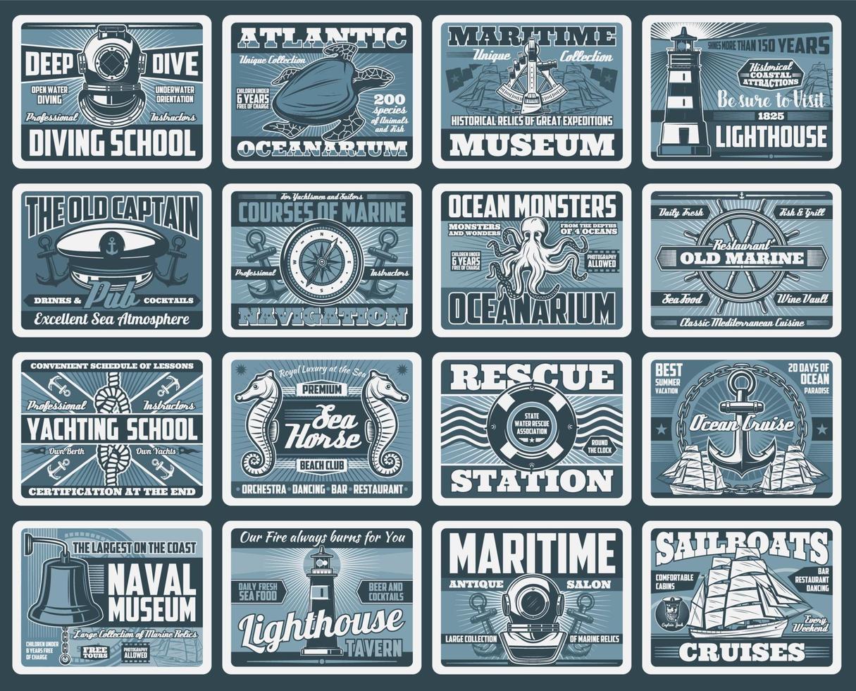 Nautical anchors, sea ship helm, rope and compass vector