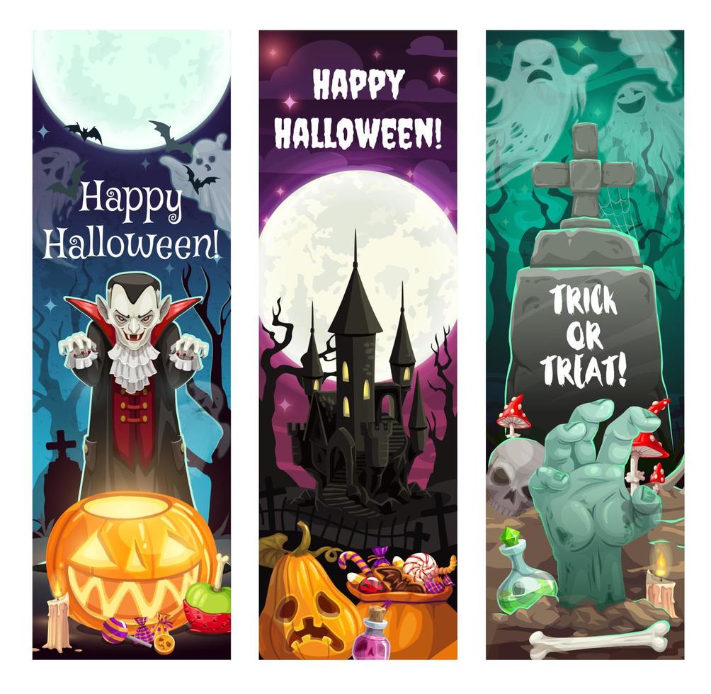 fantasmas de terror de halloween, vampiros, zombis, calabazas vector