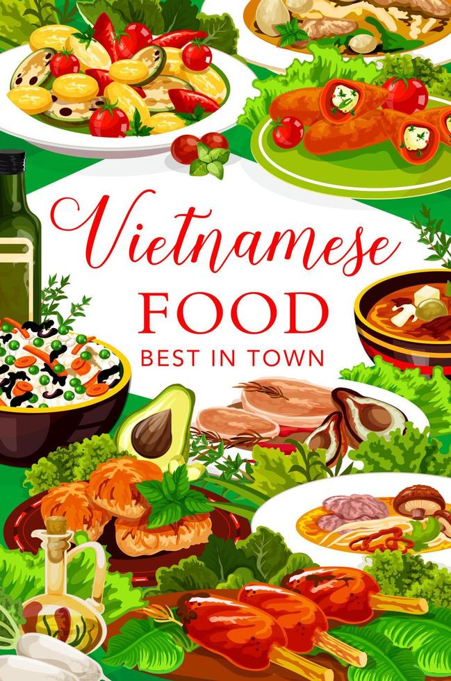 pescado y carne vietnamita con verduras vector