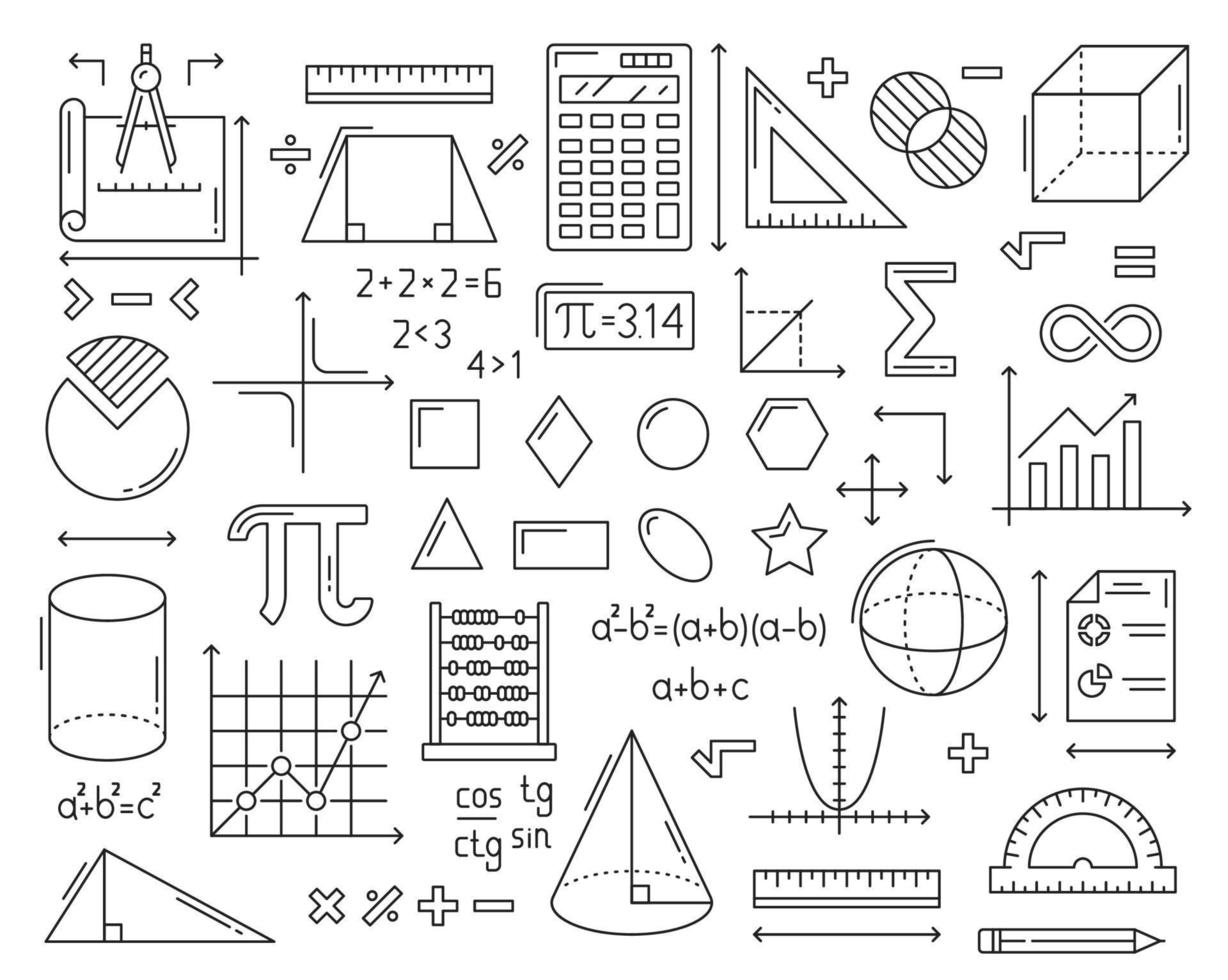 fórmulas matemáticas, iconos de línea de figuras geométricas vector