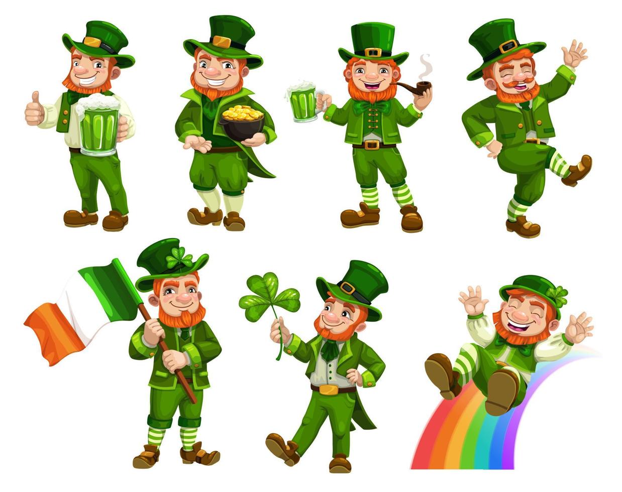 Patricks day leprechauns with beer, flag, clover vector