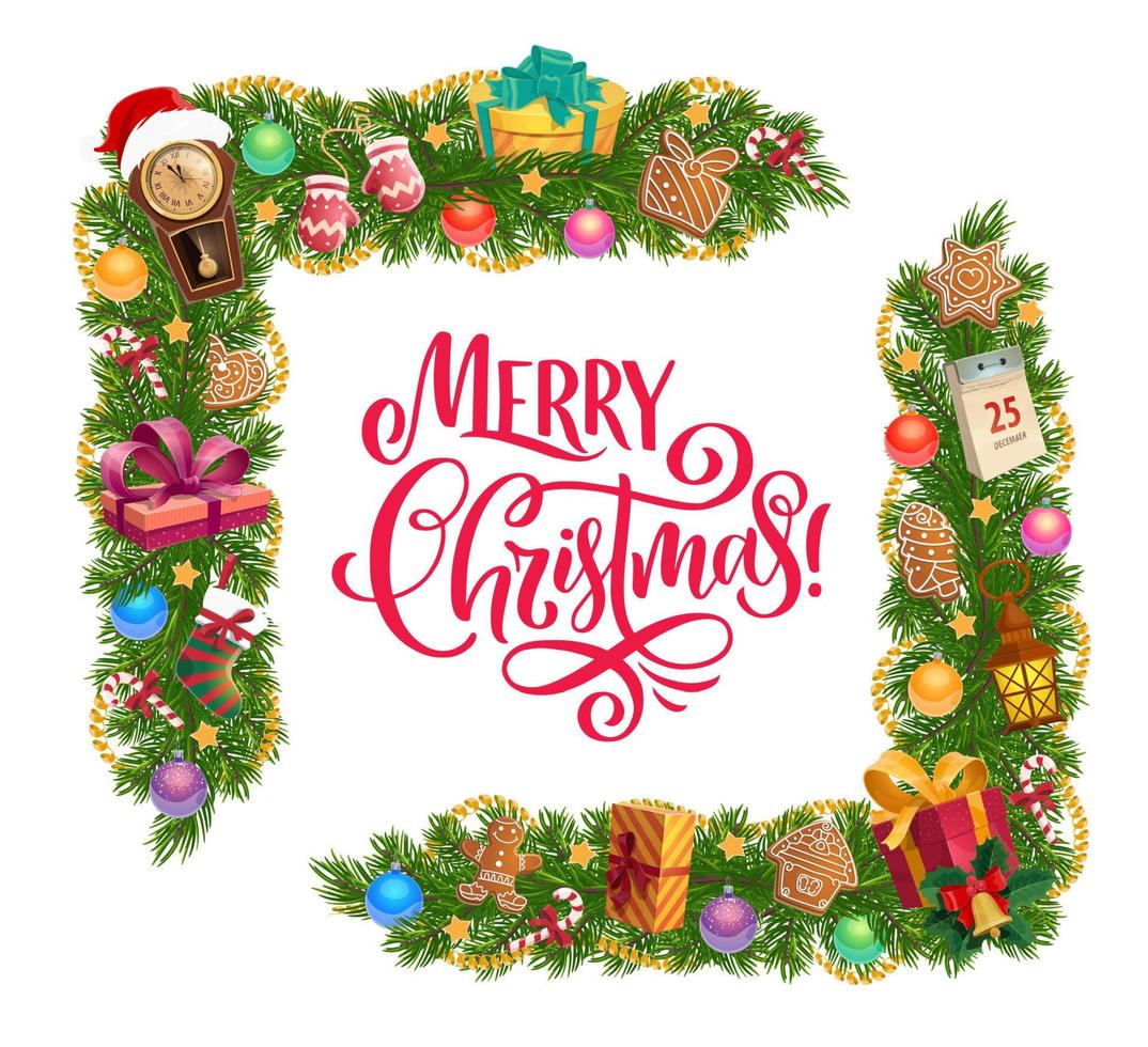Christmas gifts and Xmas tree garland frame corner vector