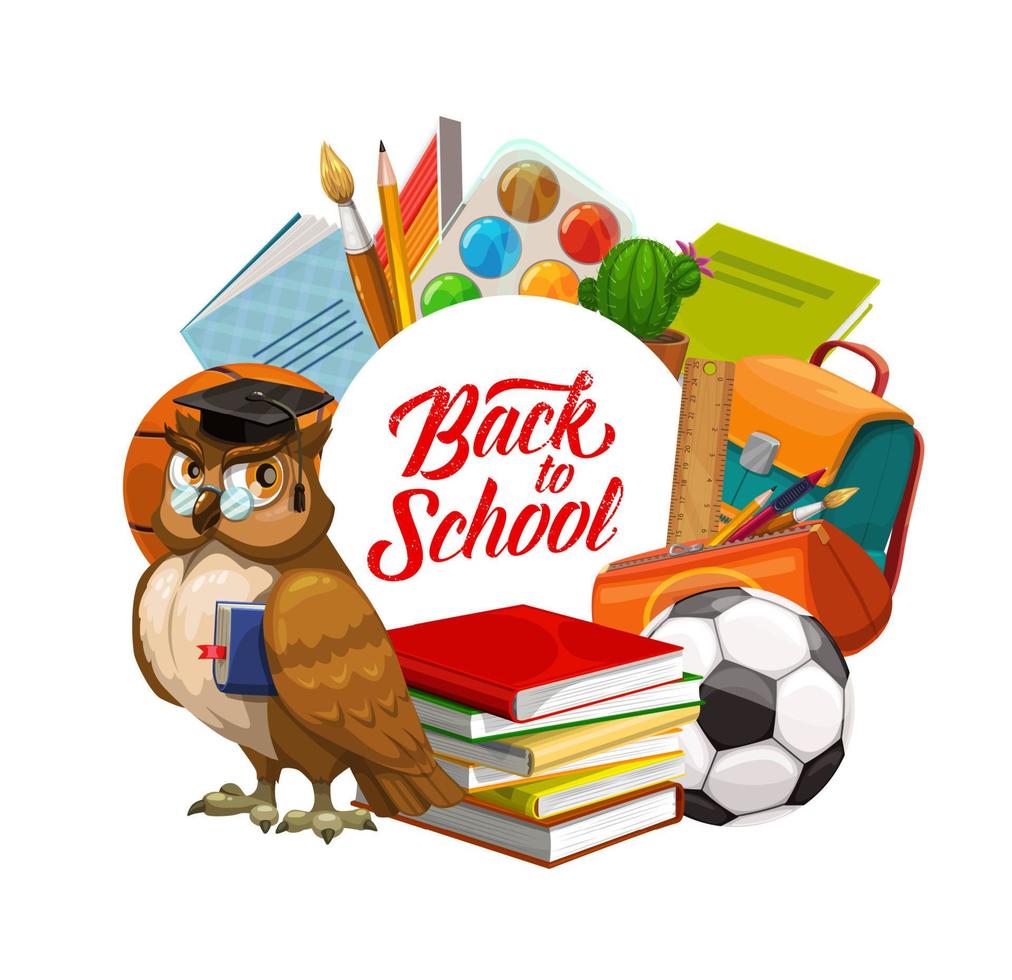 Back to School owl with books and study supplies vector