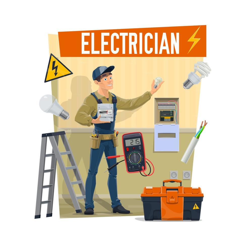 Electrician with tools, toolboox and equipment vector