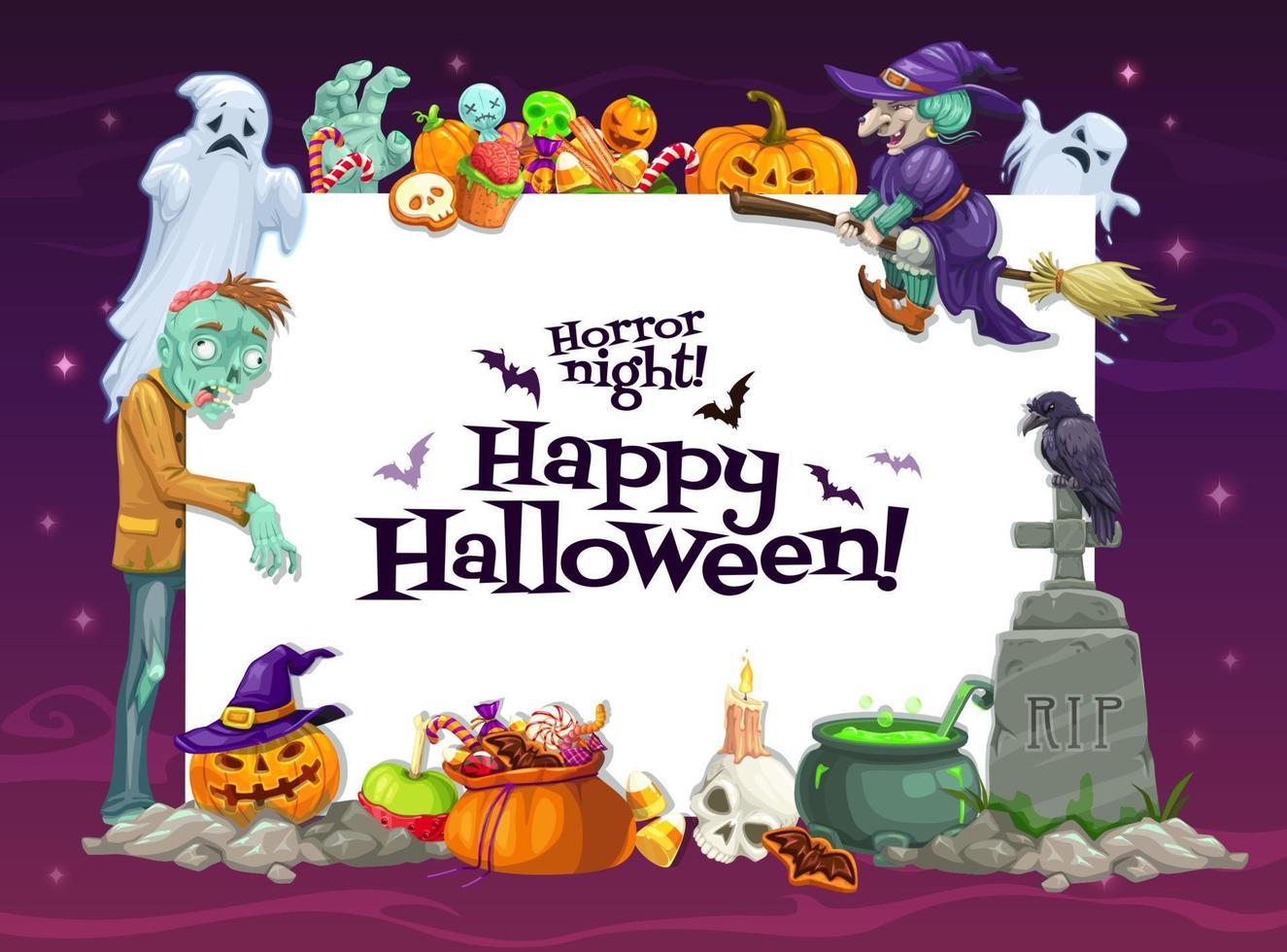 Halloween ghosts, pumpkings, witch and zombie vector