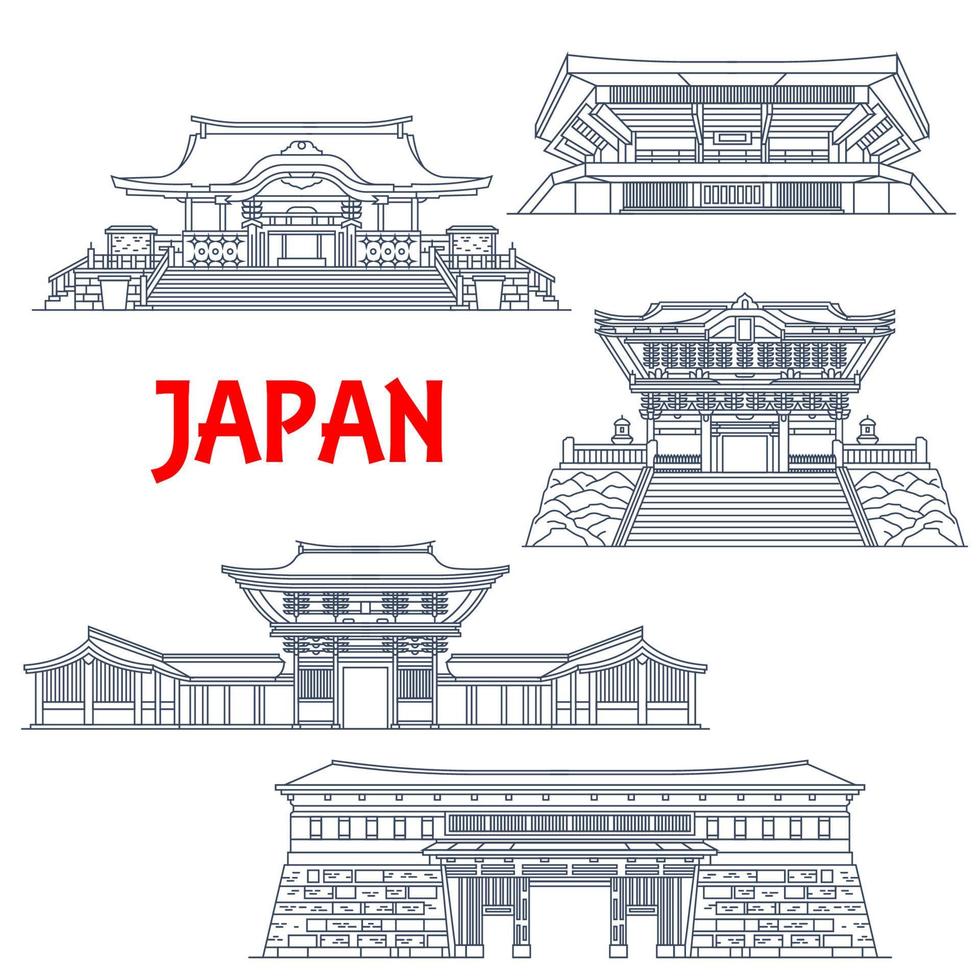 puntos de referencia de viajes japoneses con edificios de línea delgada vector