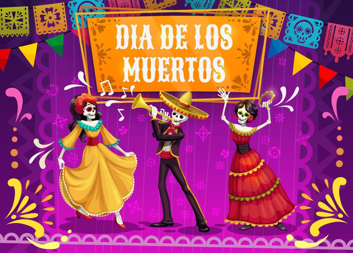 dia de muertos esqueletos bailando y tocando la guitarra vector