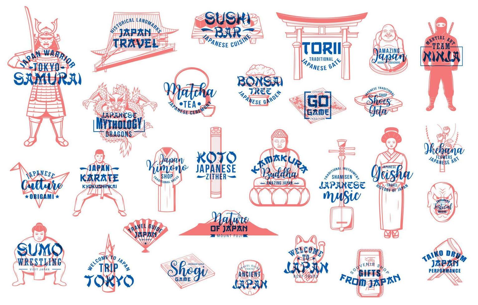 Japan icons of culture, travel, food and sport vector