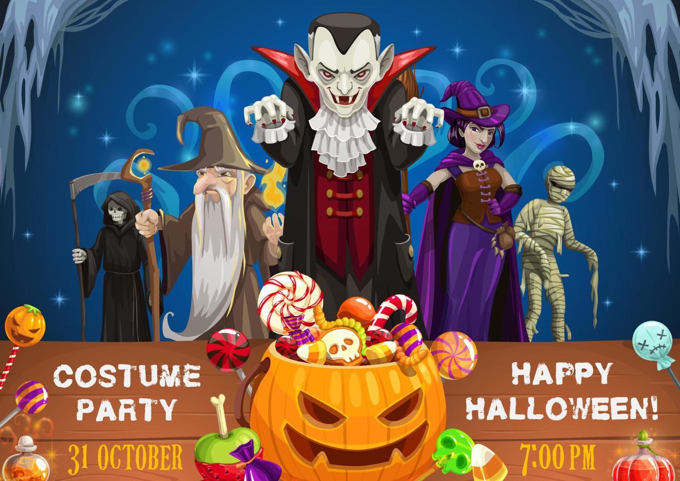 halloween dracula, muerte, bruja, momia y mago vector