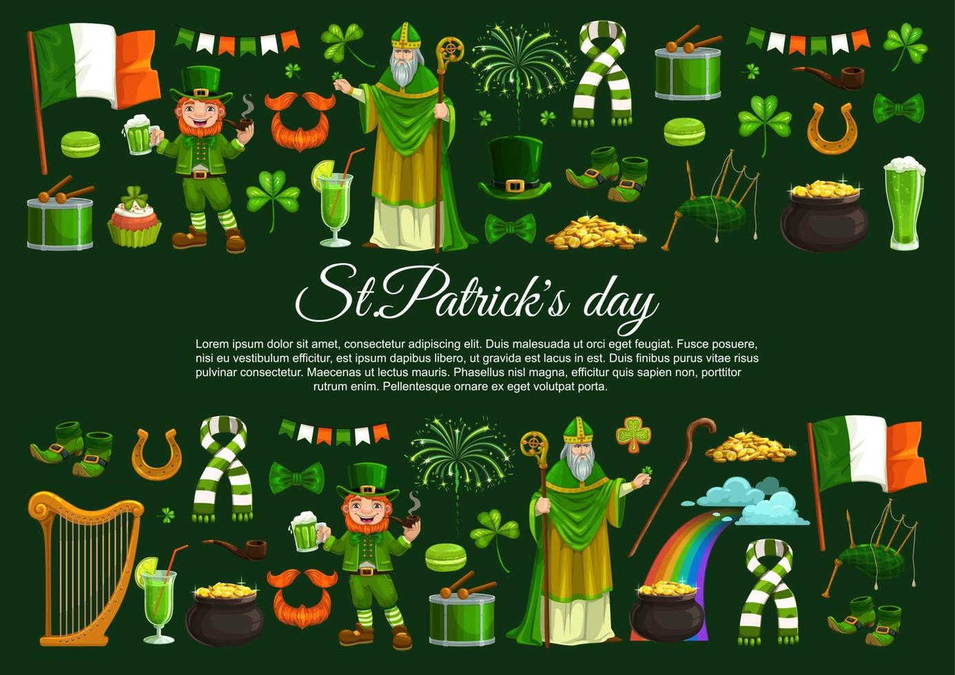 St Patrick Day shamrock, Irish leprechaun and gold vector