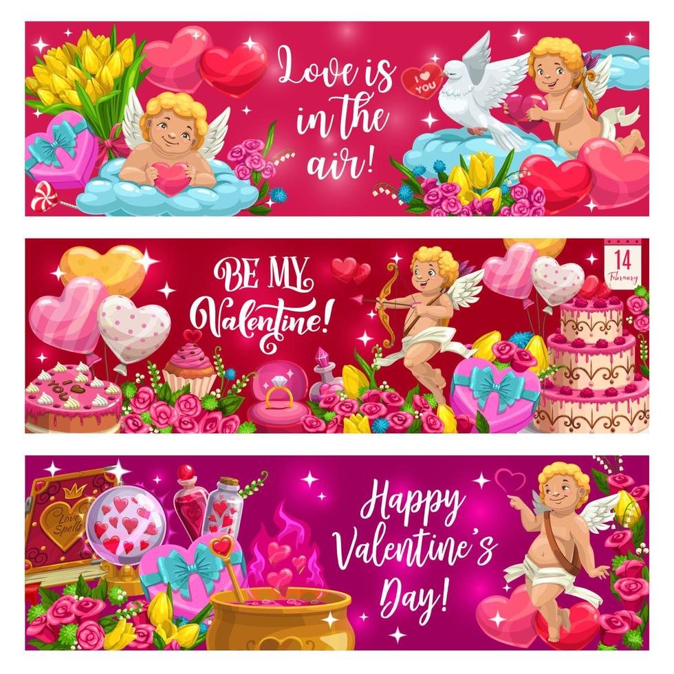Valentines day lettering. Cupids, symbols of love vector